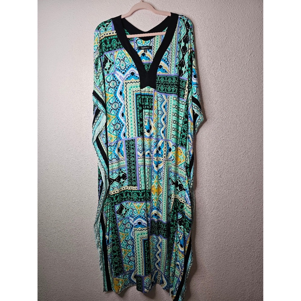 Ellen Tracy Womens Teal Green Paisley Patchwork Kaftan Maxi Dress L XL